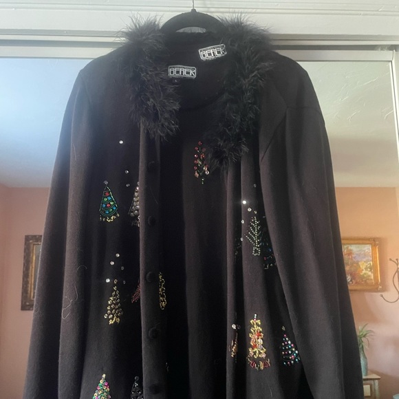 2 Pc Elegant Berek Christmas Knit Cardigan & Matching Tee w Bejeweled Trees L - Picture 2 of 11
